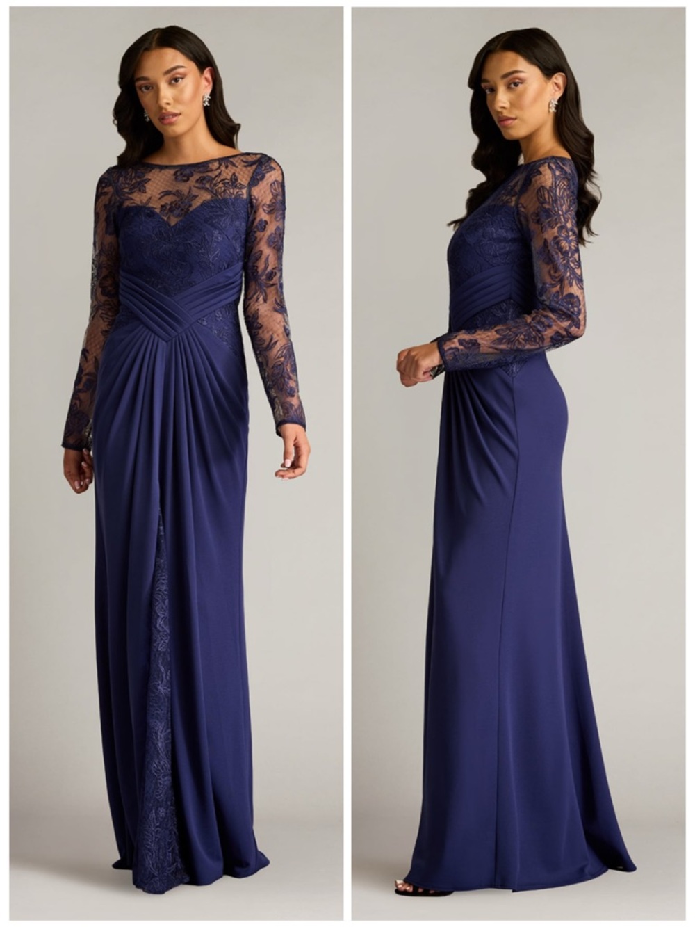 Tadashi Shoji Ravina Embroidered Illusion Lace Draped Long Sleeve Gown Dress